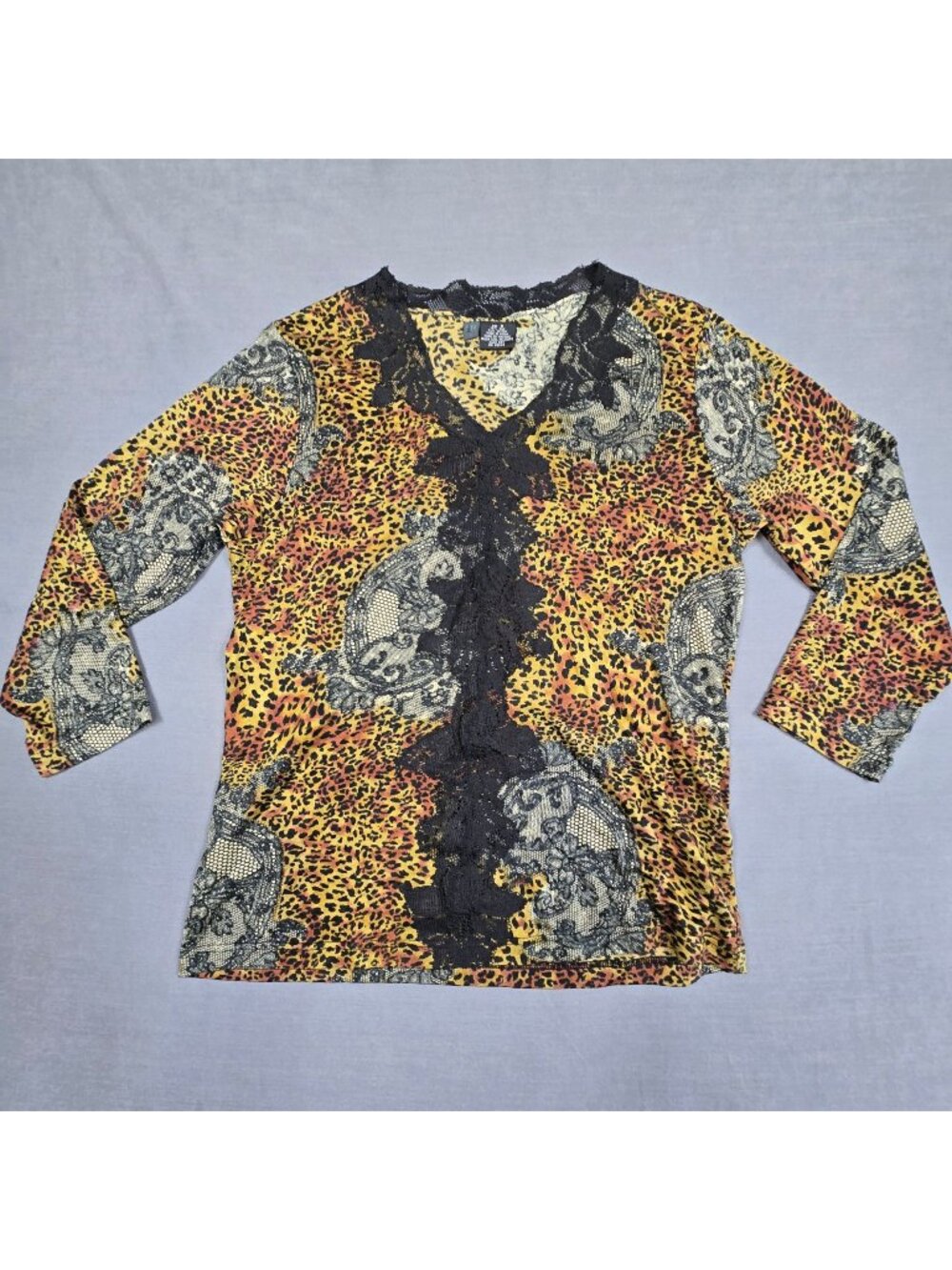 Animal Print Womens Medium Lace Trim Top Silk & Cotton Blend 3/4 Sleeves